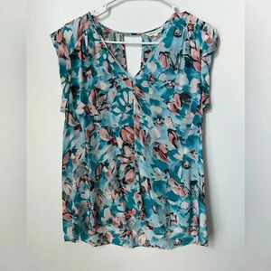 Rebecca Taylor Blue Aloha Teal Pink Floral Silk Top